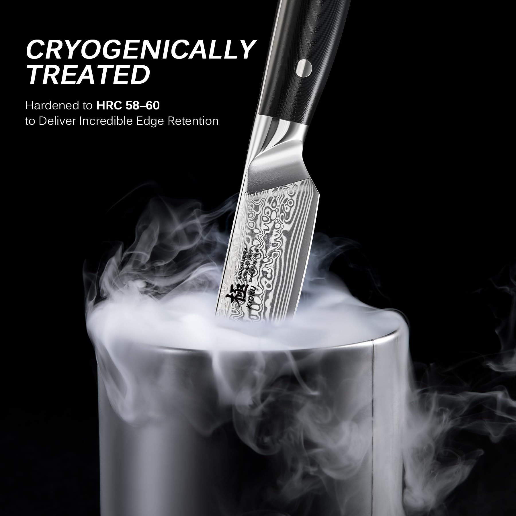 KYOKU knife G10 handle close-up, heat and moisture resistant grip.