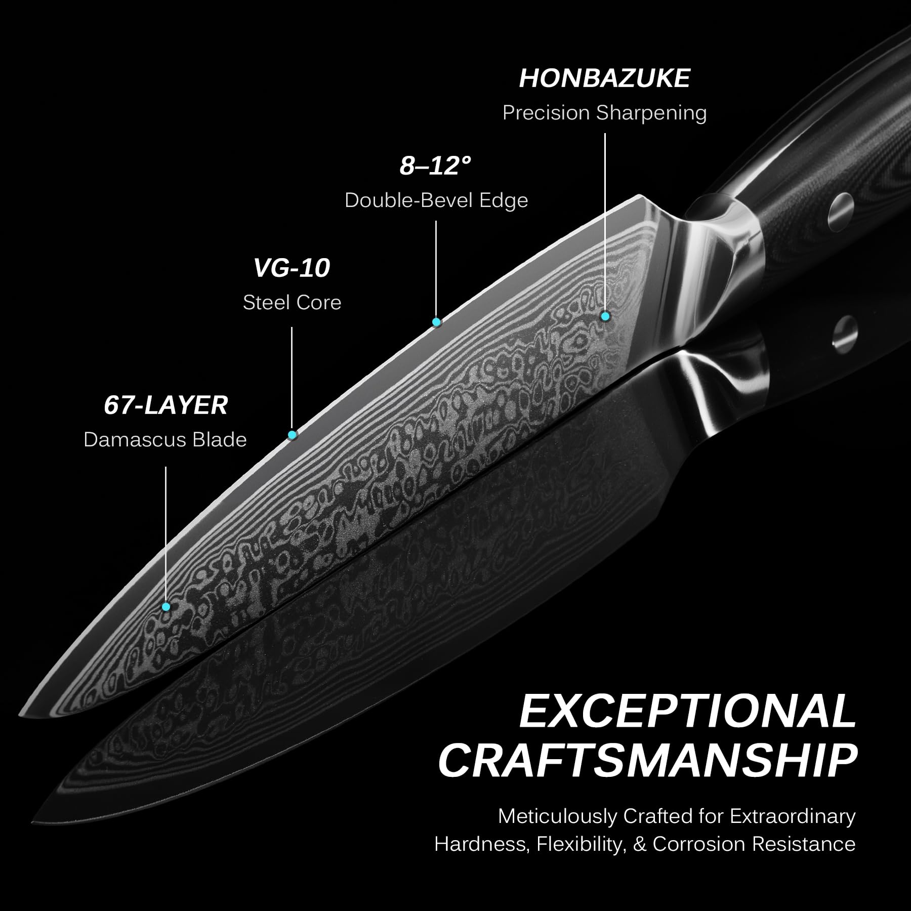 KYOKU knife hammer-beaten tang detail preventing sticking and showcasing craftsmanship.