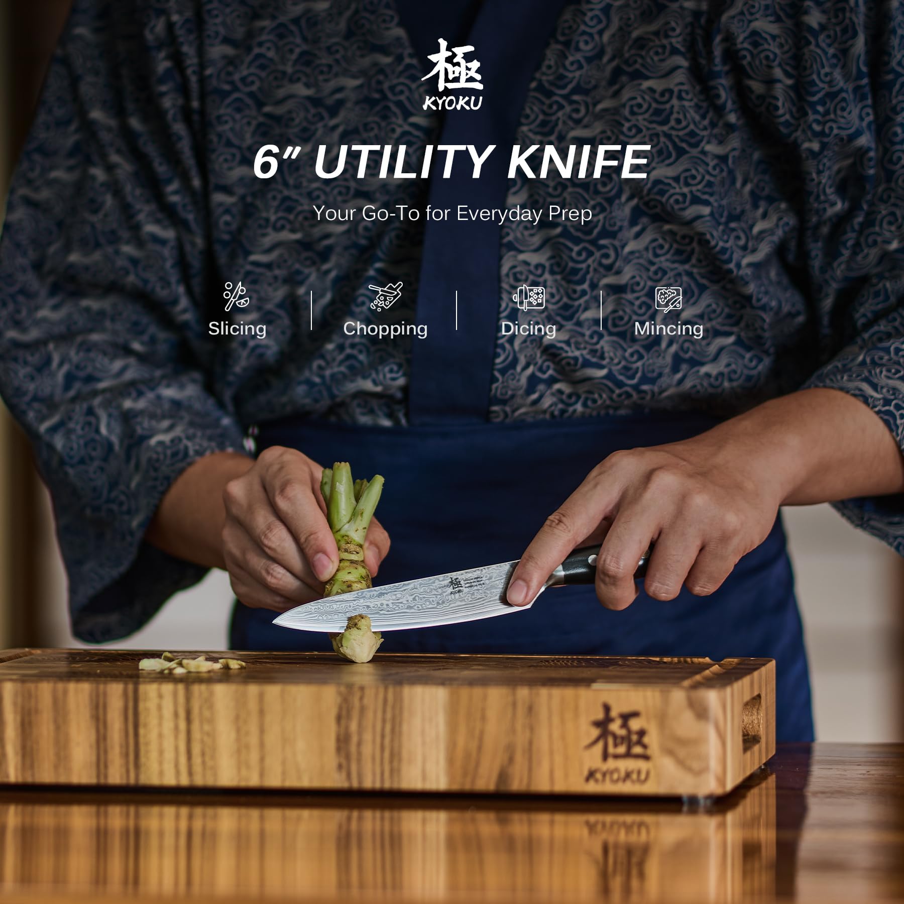 KYOKU knife VG10 steel core close-up highlighting durable, sharp cutting edge.