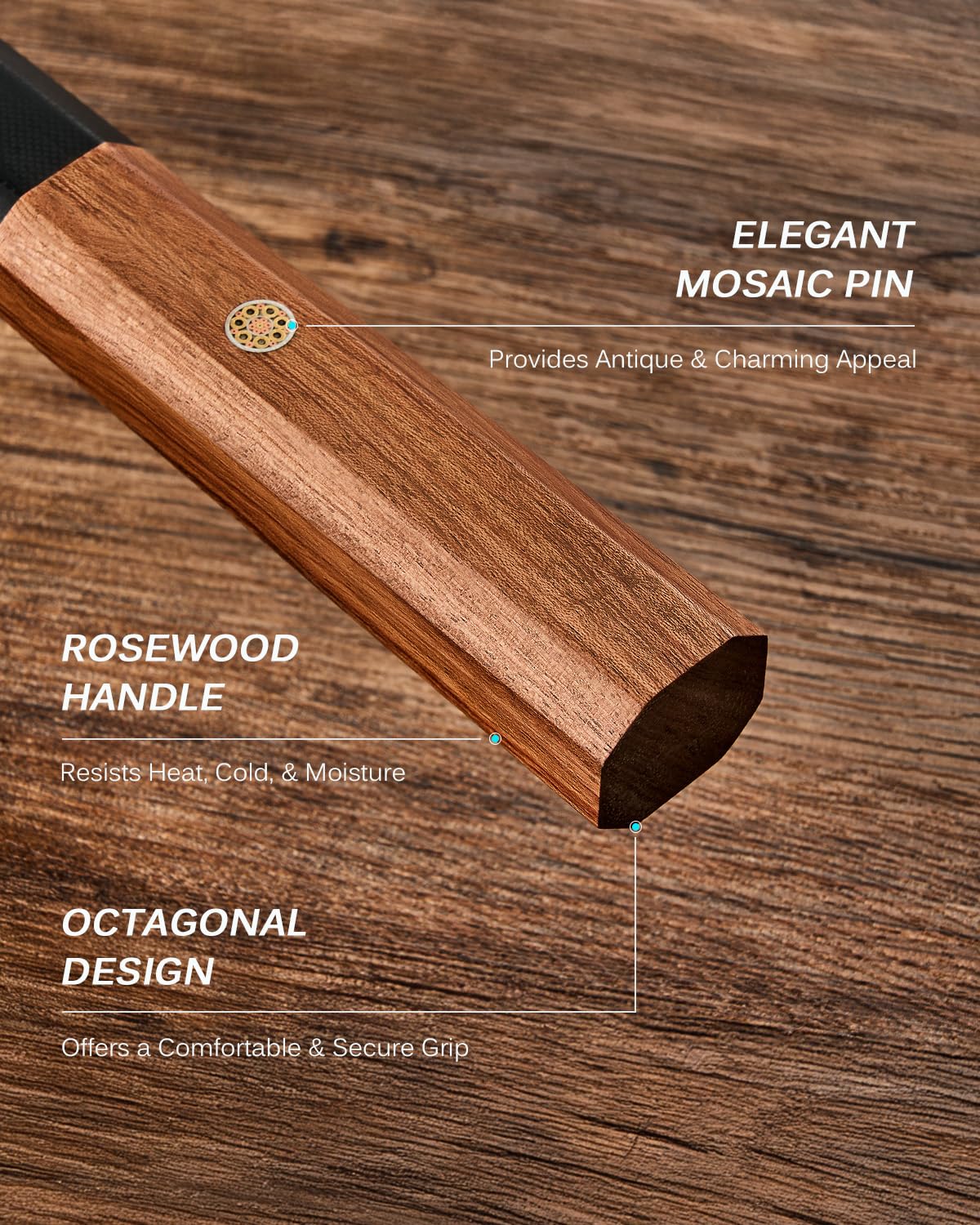 KYOKU Kage 8-inch knife mosaic pin detail emphasizes craft and durability