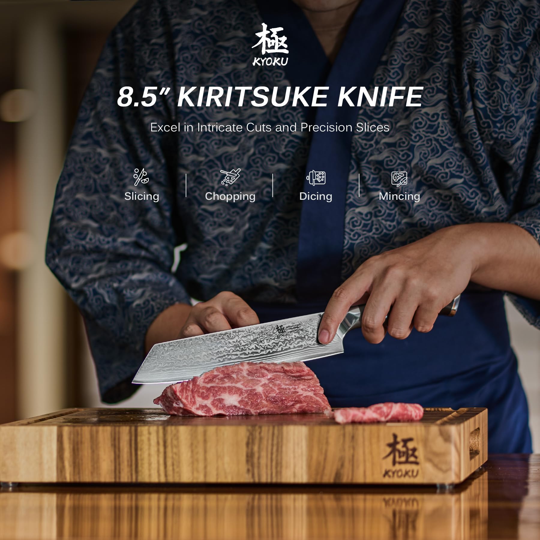KYOKU Kiritsuke blade close-up showing Damascus pattern and sharp edge