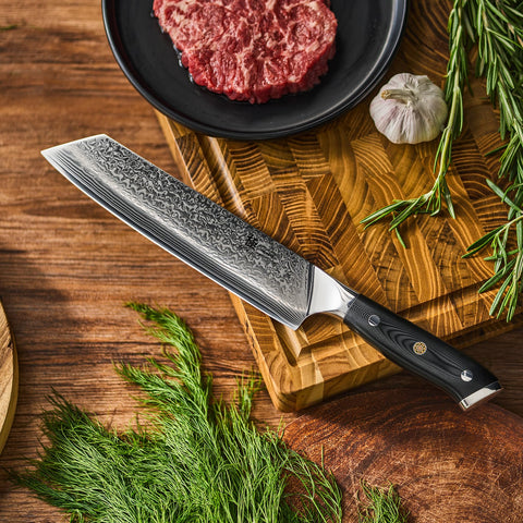 KYOKU Kiritsuke knife in kitchen setup for versatile prep