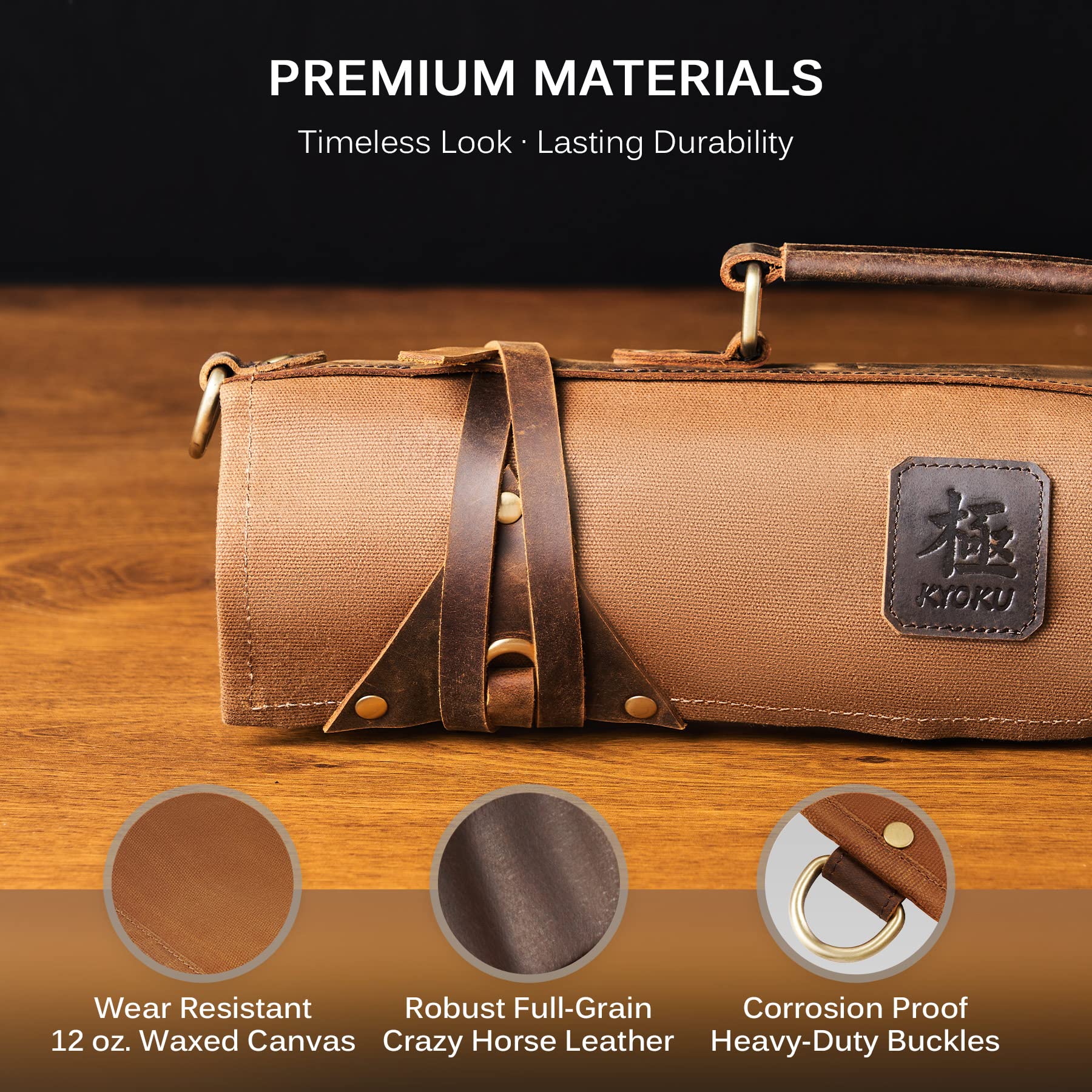 KYOKU knife roll's adjustable strap from 27 to 51 inches for a comfortable fit.