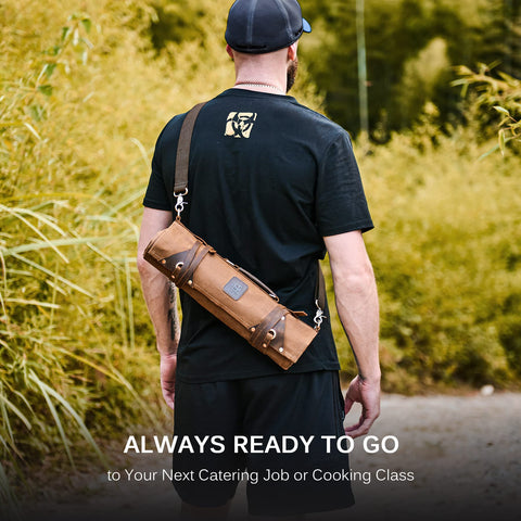 KYOKU knife roll leather handle offers a secure grip for mobile use.