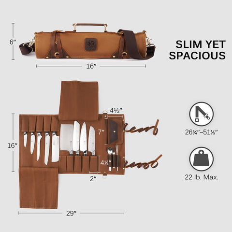 KYOKU knife roll features sturdy buckles and protective cloth for safe storage.