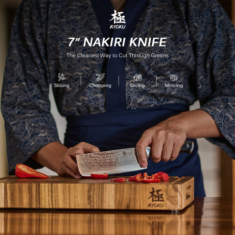 KYOKU Nakiri knife edge detail shows VG10 Damascus layers for lasting prep performance.