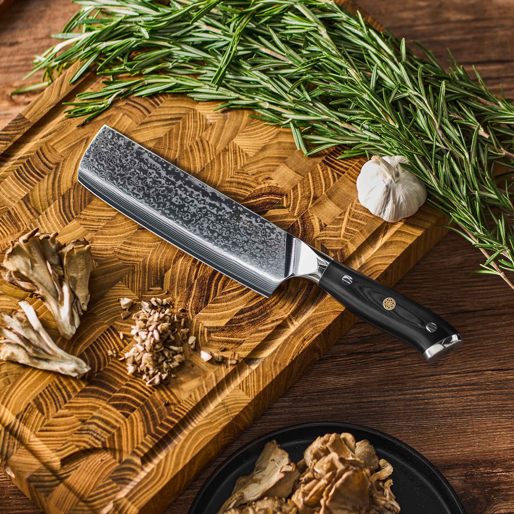 KYOKU 7-inch VG10 Damascus blade edge grind close-up signals sharp, efficient cuts.