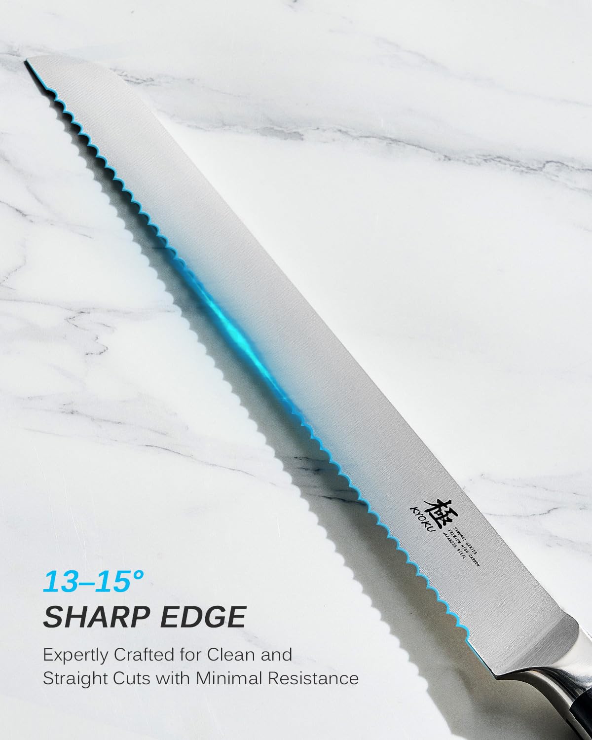 KYOKU pakkawood full-tang handle provides comfortable control during slicing.