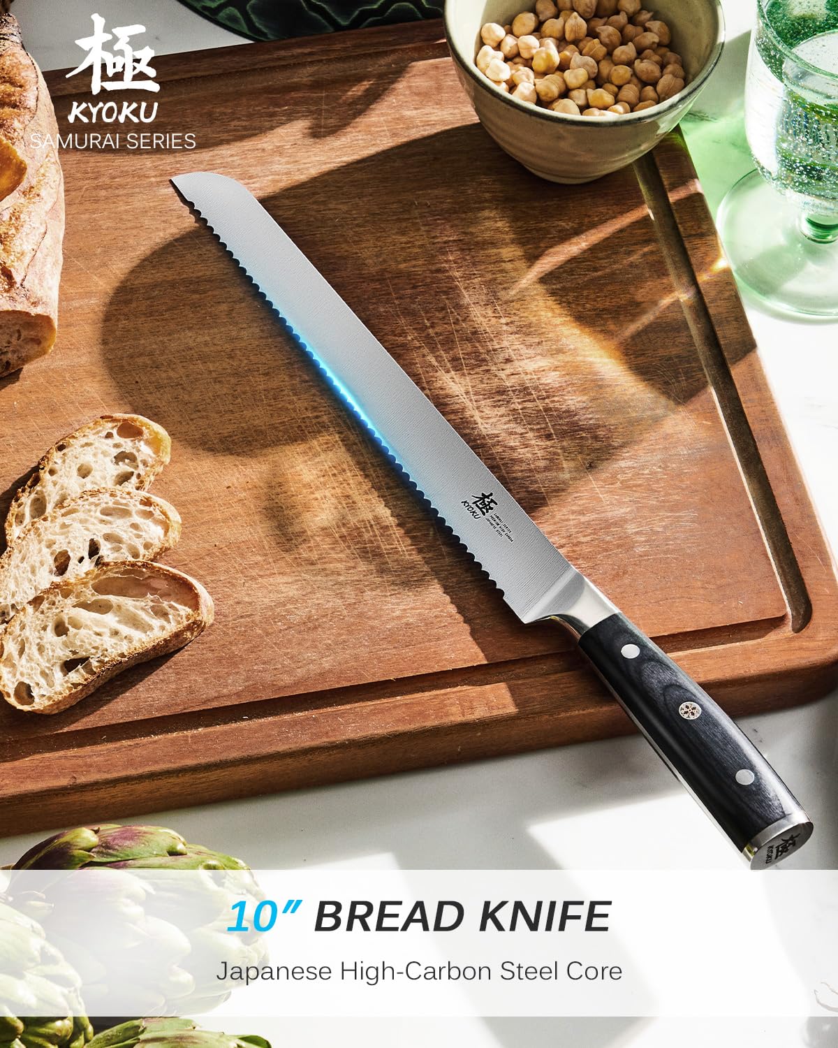 KYOKU razor-sharp blade ensures clean cuts through baguettes and brioche.