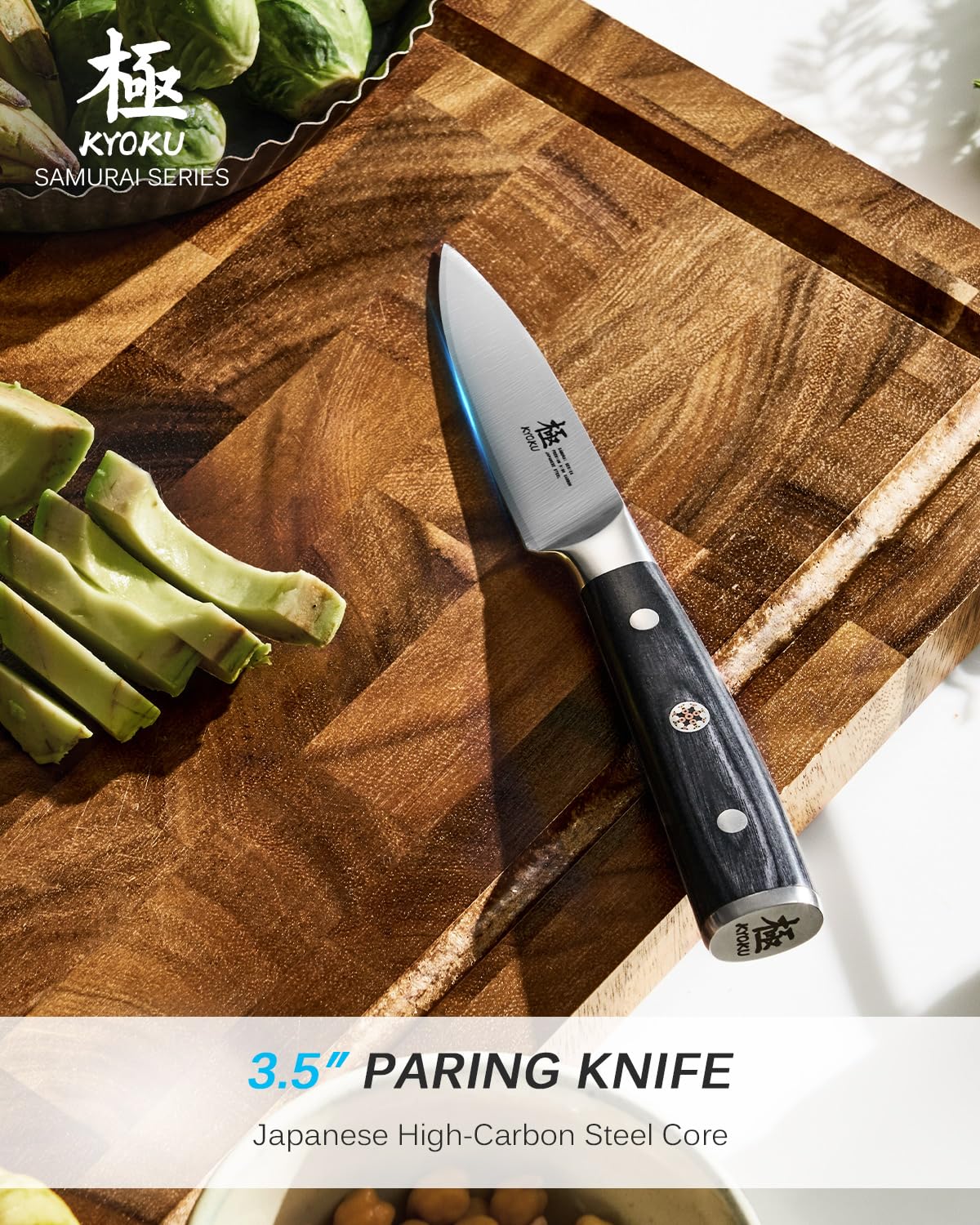 KYOKU Samurai 3.5in paring knife handle offers ergonomic comfort.