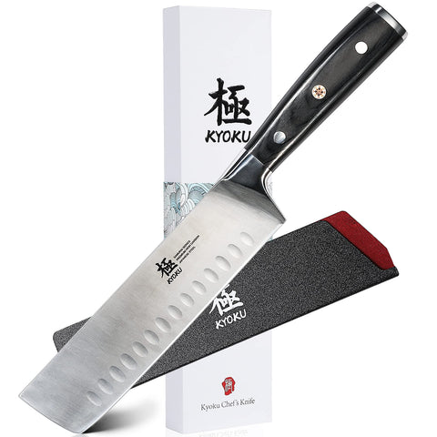 KYOKU Samurai Nakiri 7-inch blade close-up showing sharp edge for precise slicing.