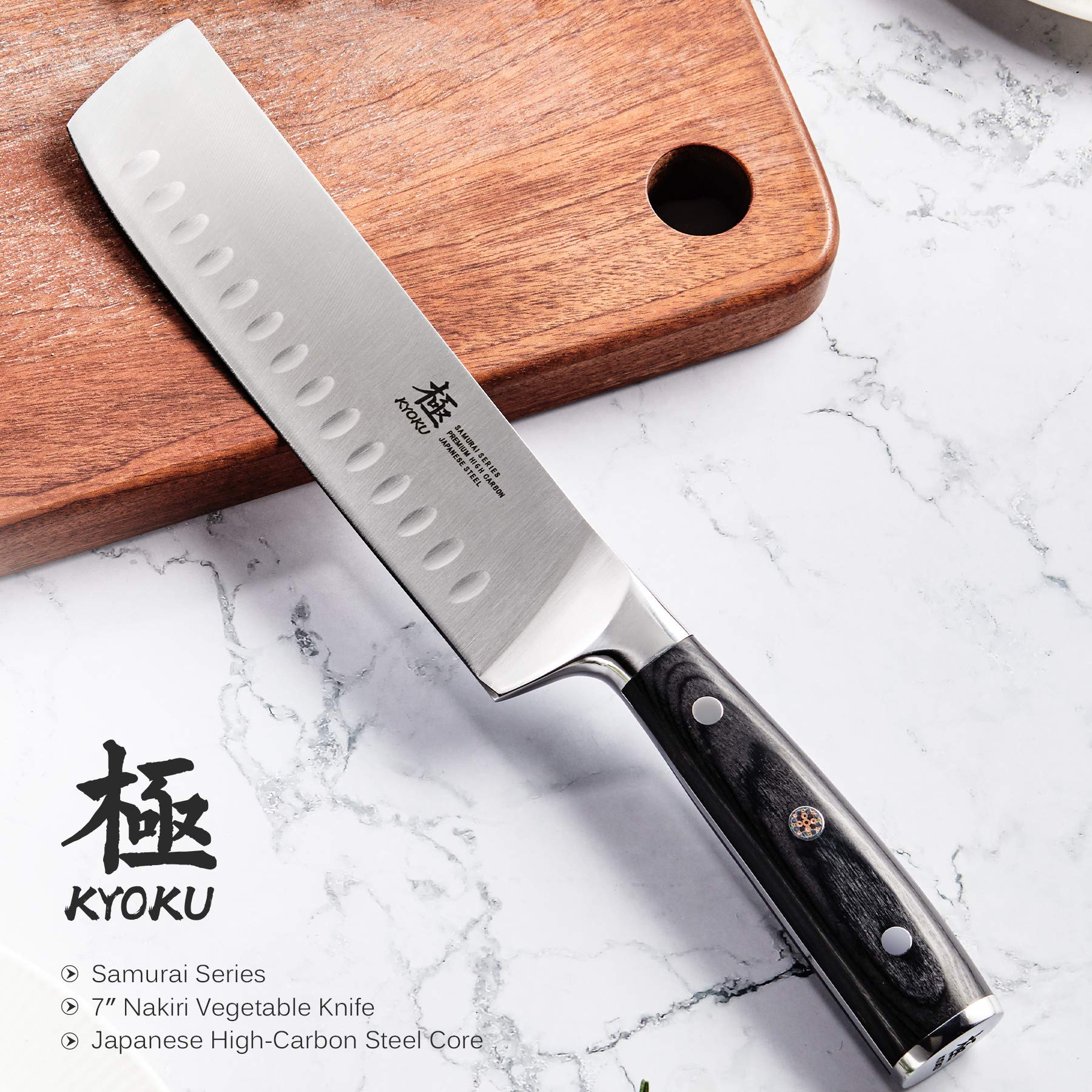 KYOKU Samurai Nakiri knife with sheath shown for safe storage and quick access.