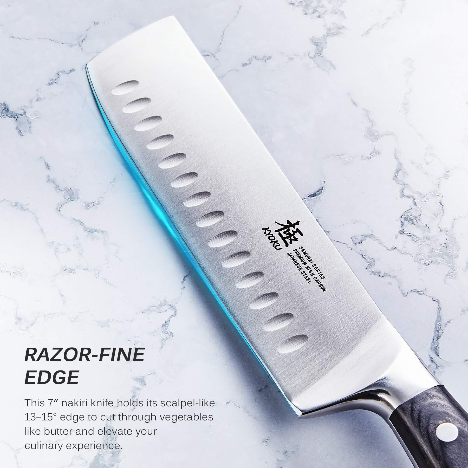 KYOKU Nakiri handle detail reveals Pakkawood grip for comfortable long use.