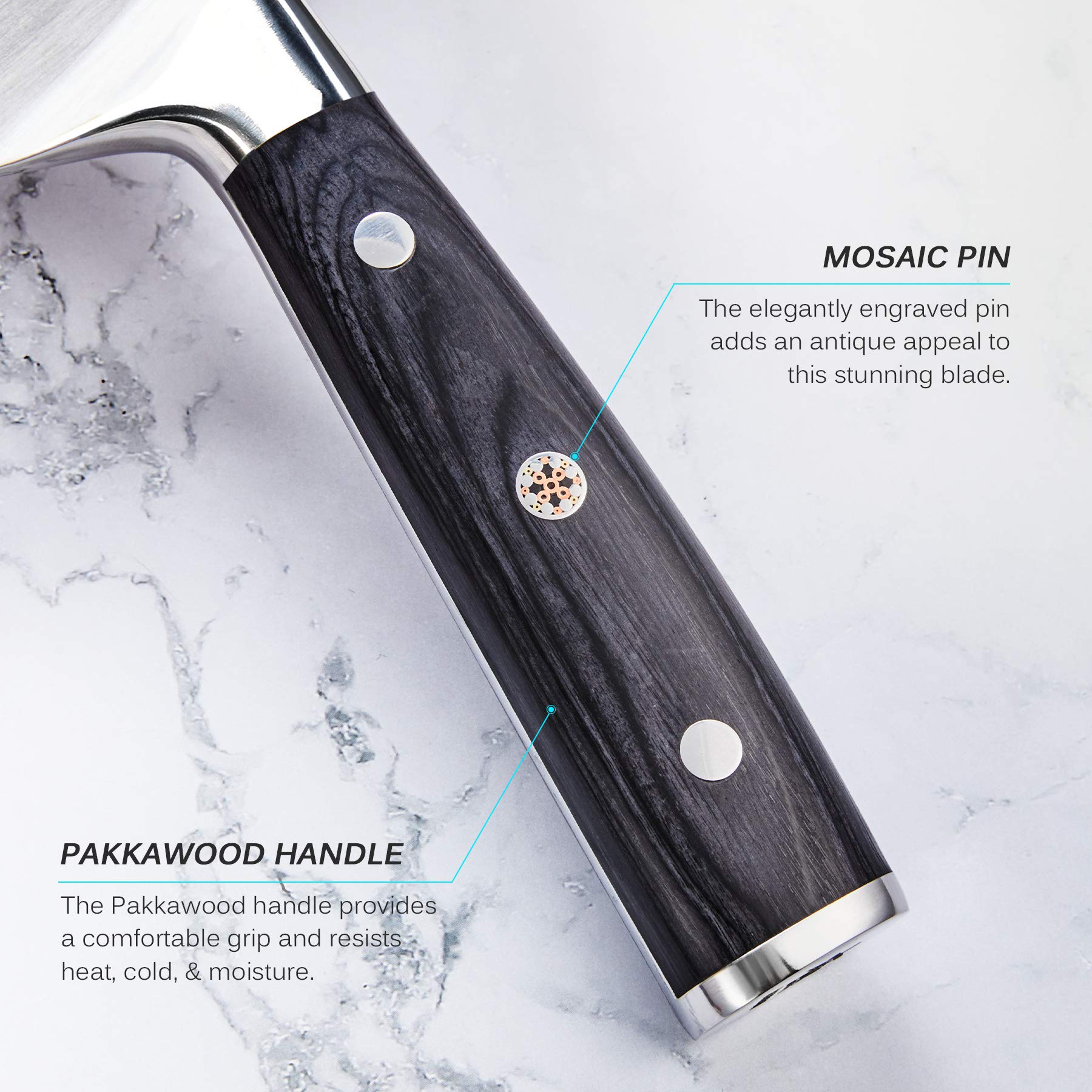 Mosaic pin detail on the handle emphasizes durable, premium construction.