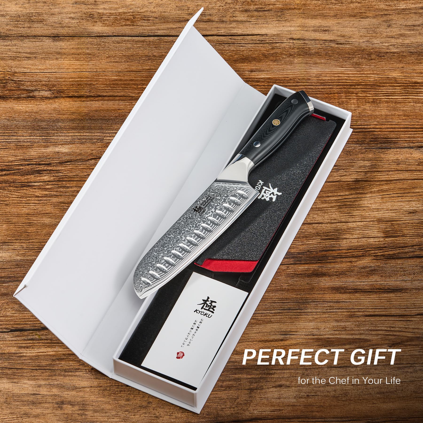 KYOKU Santoku Knife edge polish reveals razor-like sharpness for prep.