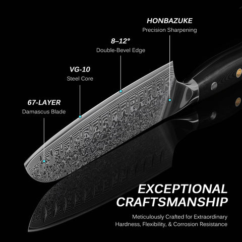 KYOKU Santoku Knife forged Damascus pattern highlights durability and craft.
