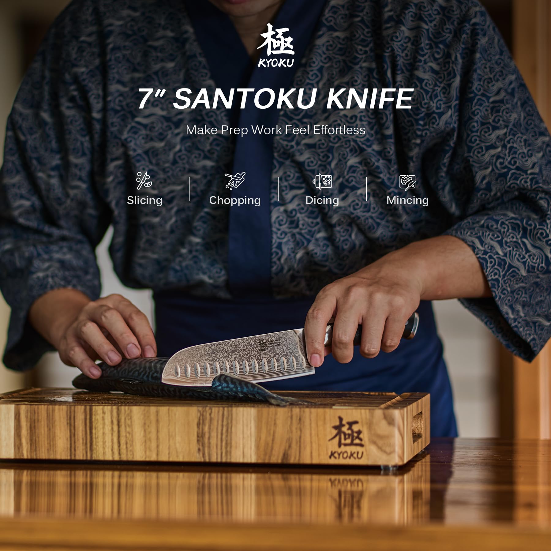 KYOKU Santoku Knife with G10 handle ensures a secure, heat-resistant grip.