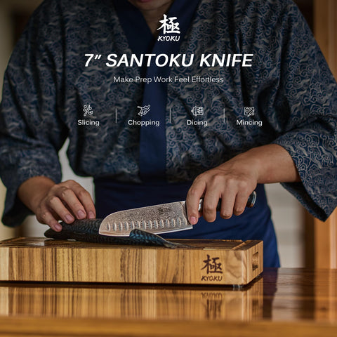 KYOKU Santoku Knife with G10 handle ensures a secure, heat-resistant grip.
