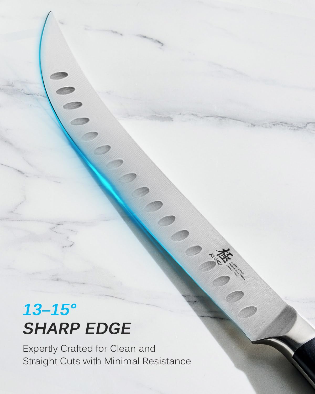 KYOKU Scimitar knife cutting meat demonstrates clean, controlled slices.