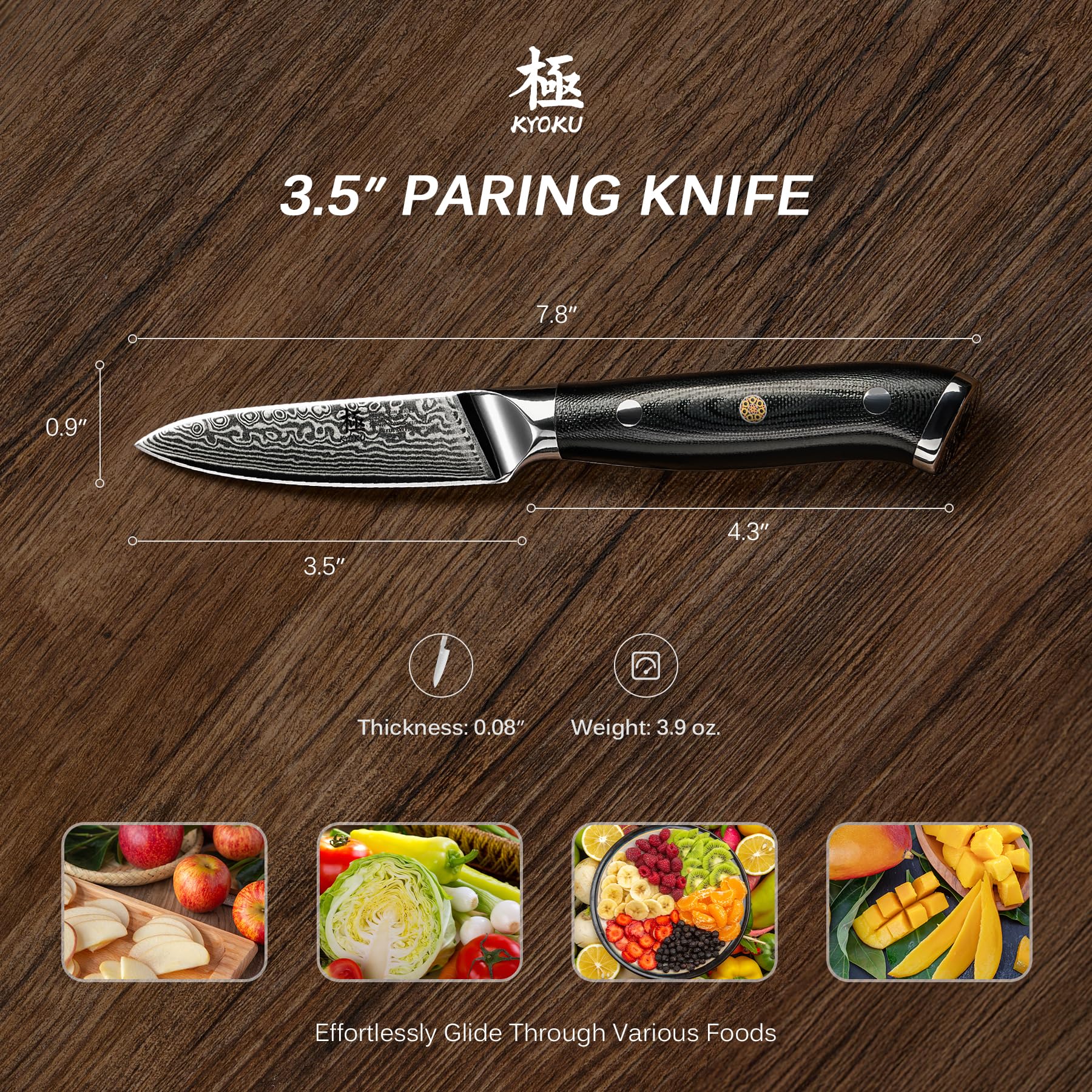 KYOKU Shogun paring knife balance shot illustrating even weight distribution for control.