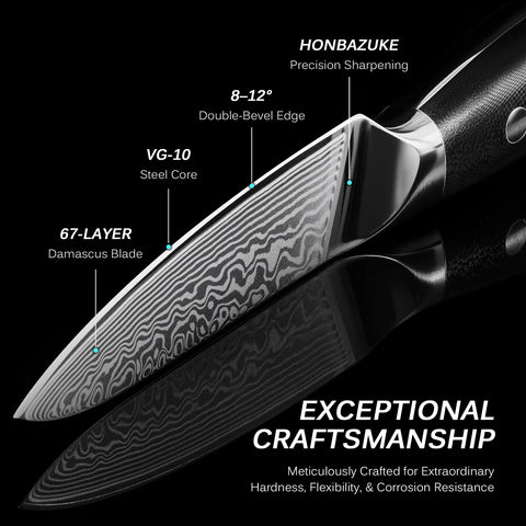 KYOKU Shogun paring knife edge view emphasizing sharpness for delicate prep.