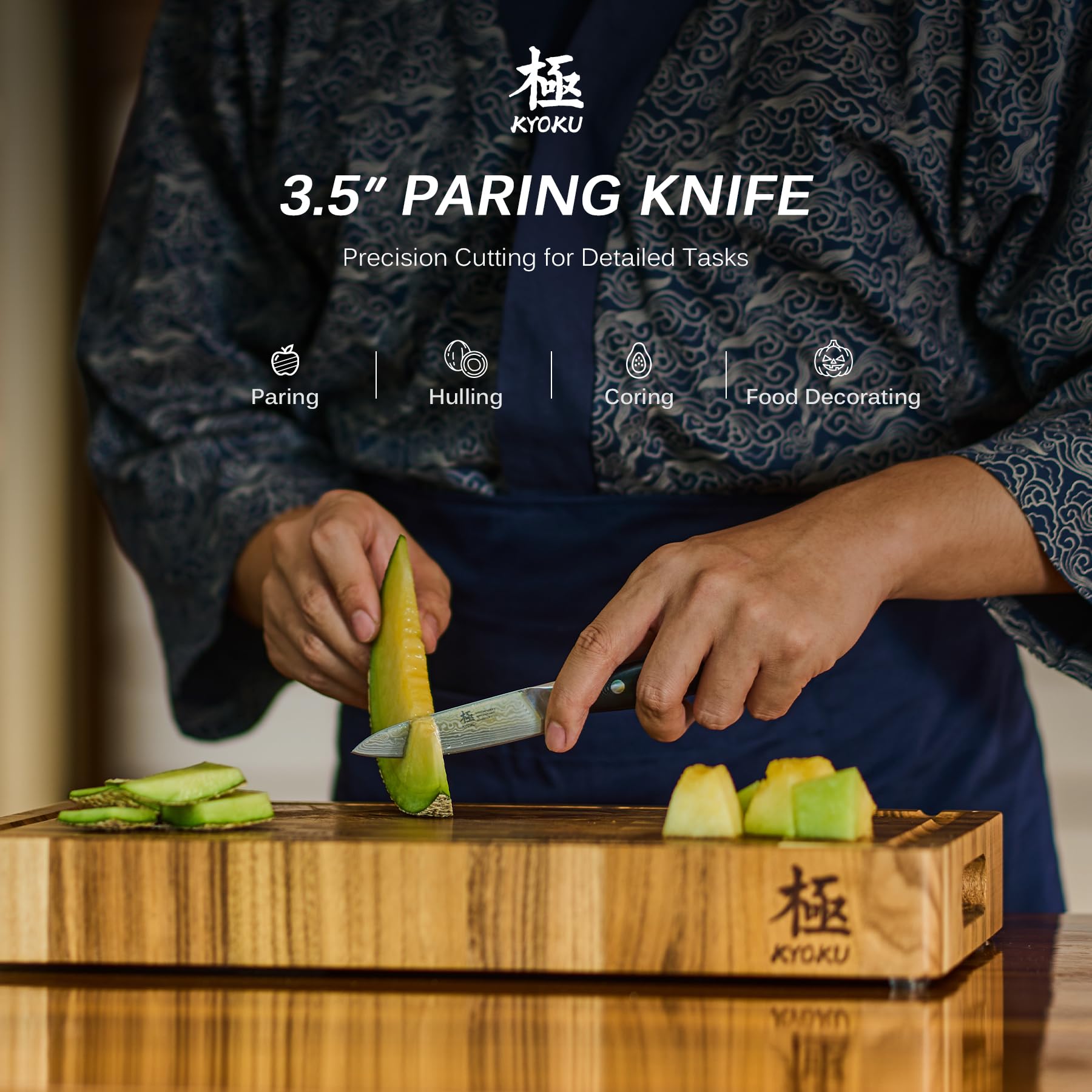 KYOKU Shogun paring knife handle detail highlighting durable fiberglass with mosaic pin for grip.
