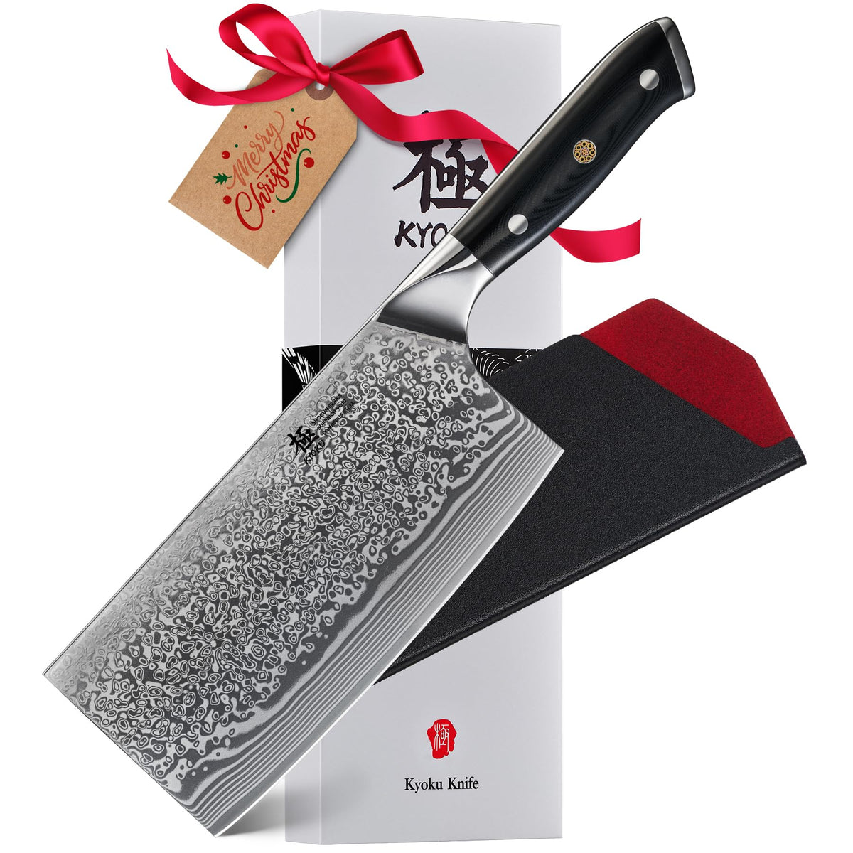 KYOKU Shogun 7-inch cleaver blade close-up showing VG10 Damascus edge for precise chopping