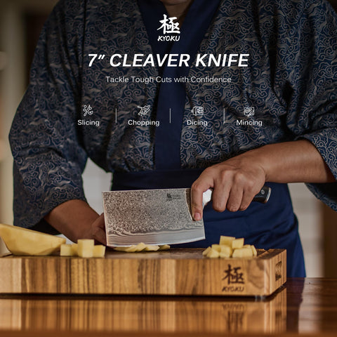 KYOKU Shogun 7-inch cleaver Damascus pattern highlighting strength and durability