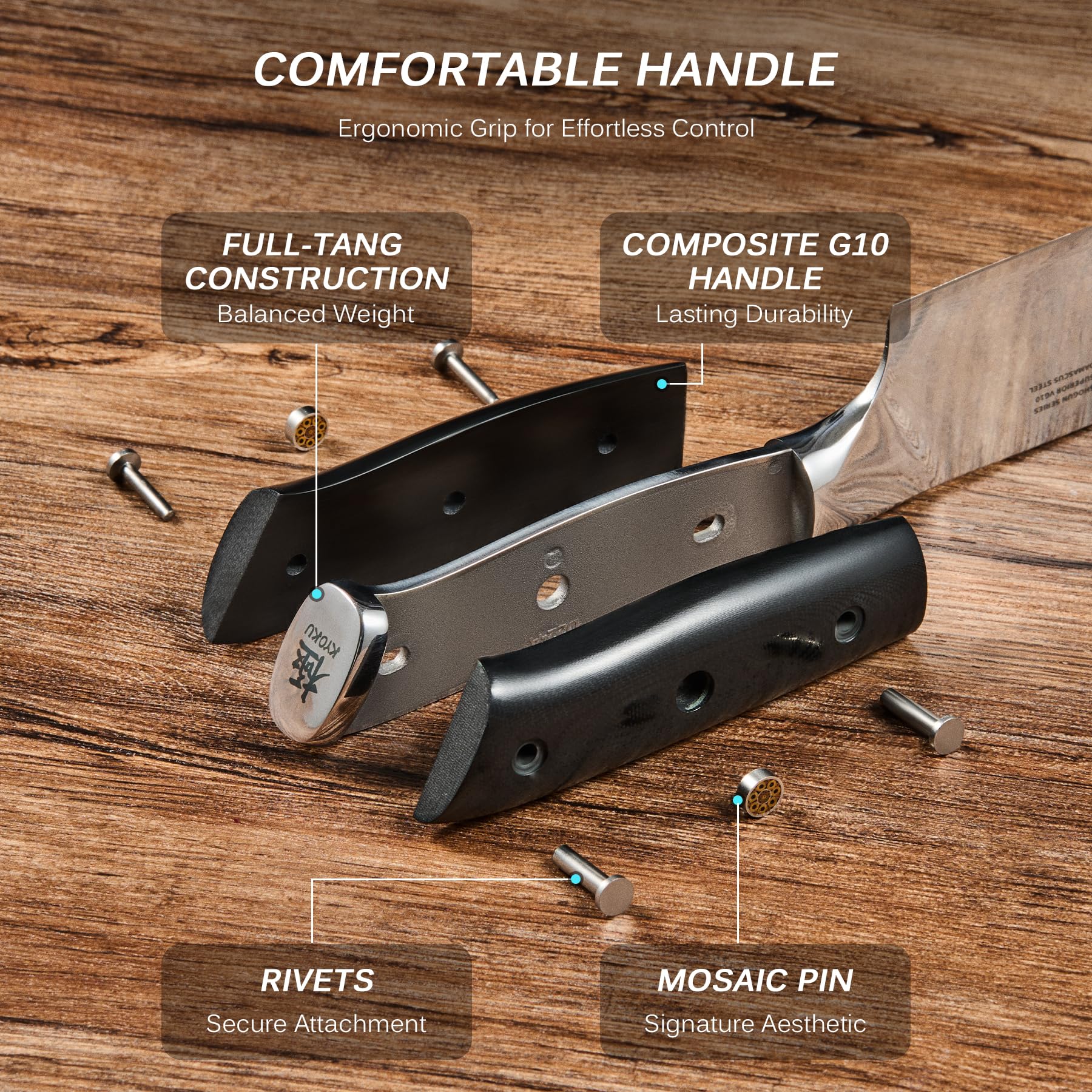 KYOKU 8-inch blade ready for precise meat, fish, and veg slicing
