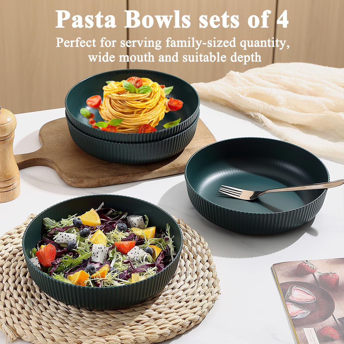 Kyraton bowls holding pasta close-up; deep capacity for generous servings.