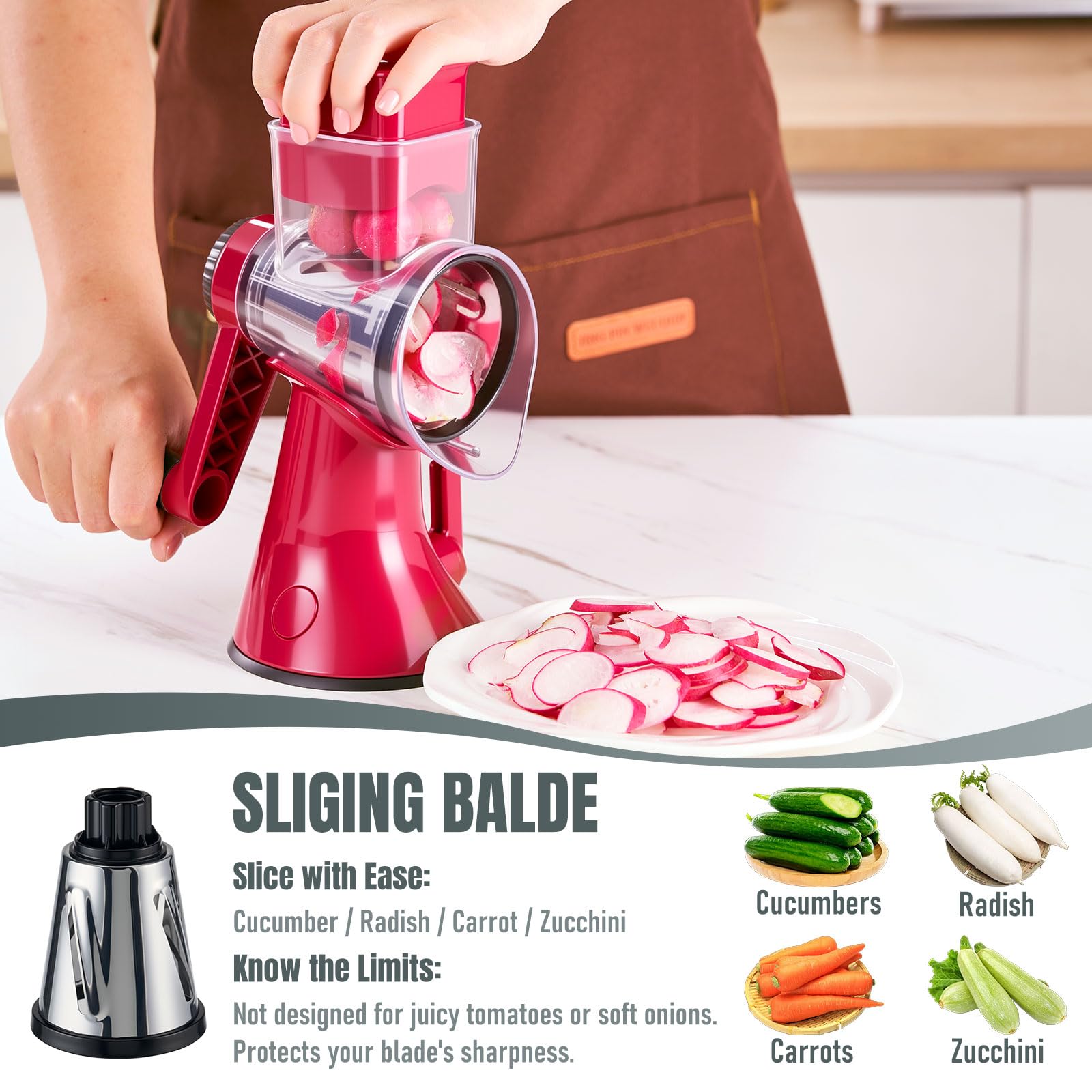 KYZ rotary cheese grater with 3 blades for versatile shredding.