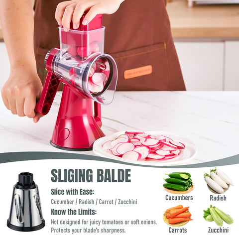 KYZ rotary cheese grater with 3 blades for versatile shredding.