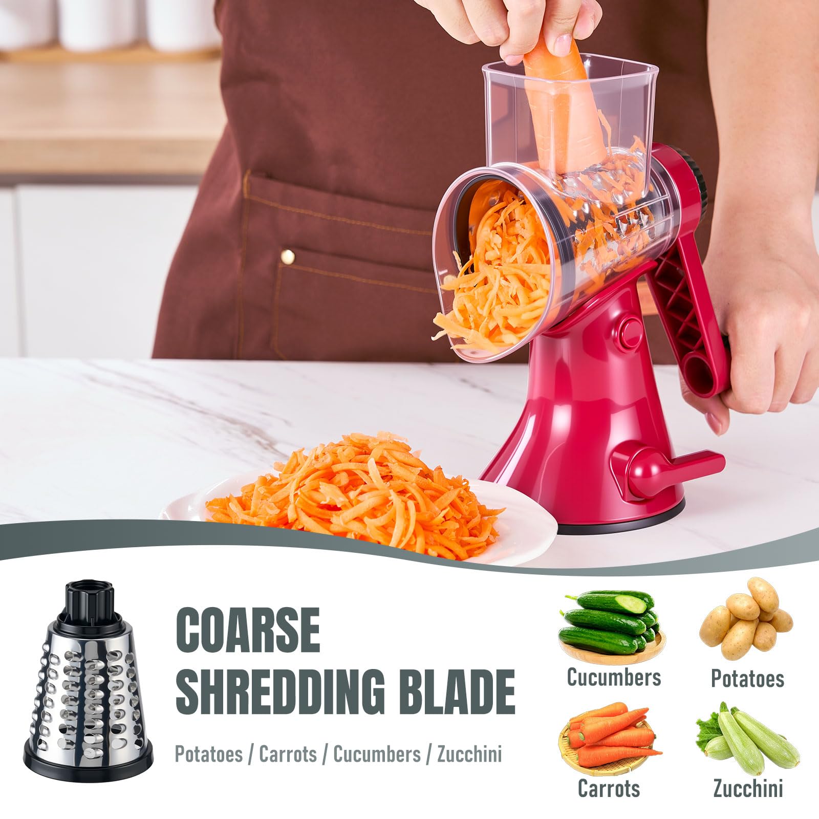 KYZ rotary cheese grater handsafe pusher protecting fingers while grating.
