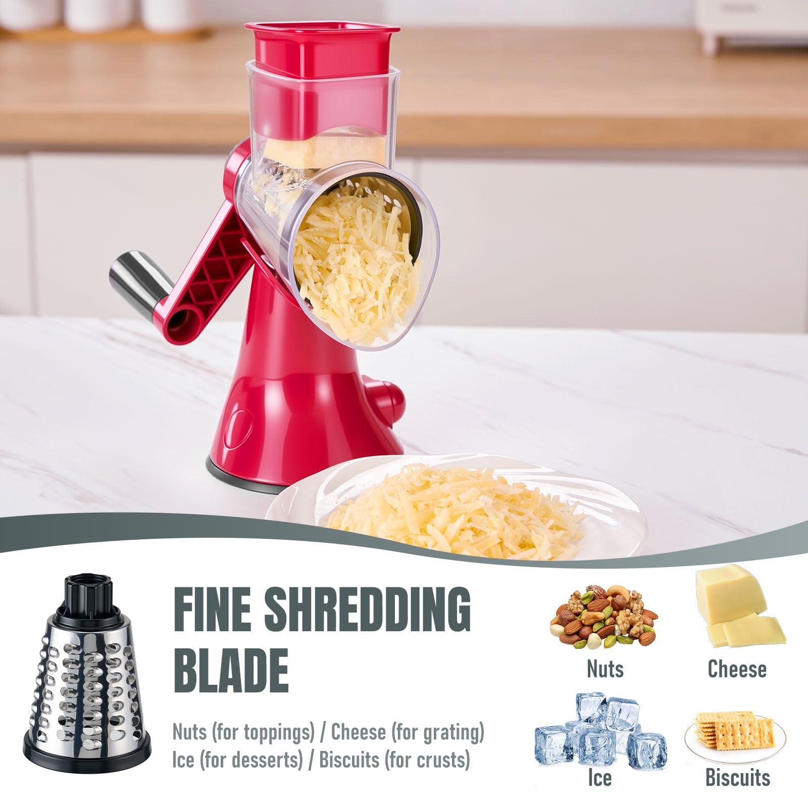 KYZ rotary cheese grater strong suction base stabilizes on counters.