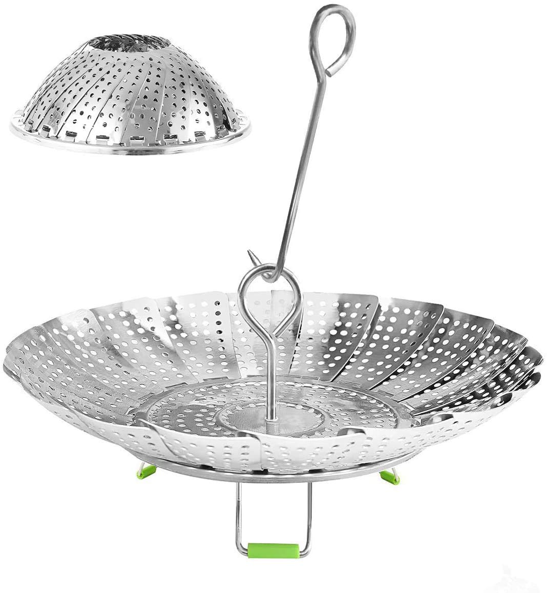 KZNXCVI stainless steel steamer basket collapsed for compact storage and quick setup.