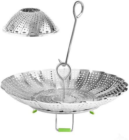 KZNXCVI stainless steel steamer basket collapsed for compact storage and quick setup.