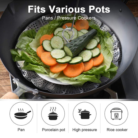 KZNXCVI steamer basket expanded to fit 5.5 to 9.5 inch pots for versatile cooking.