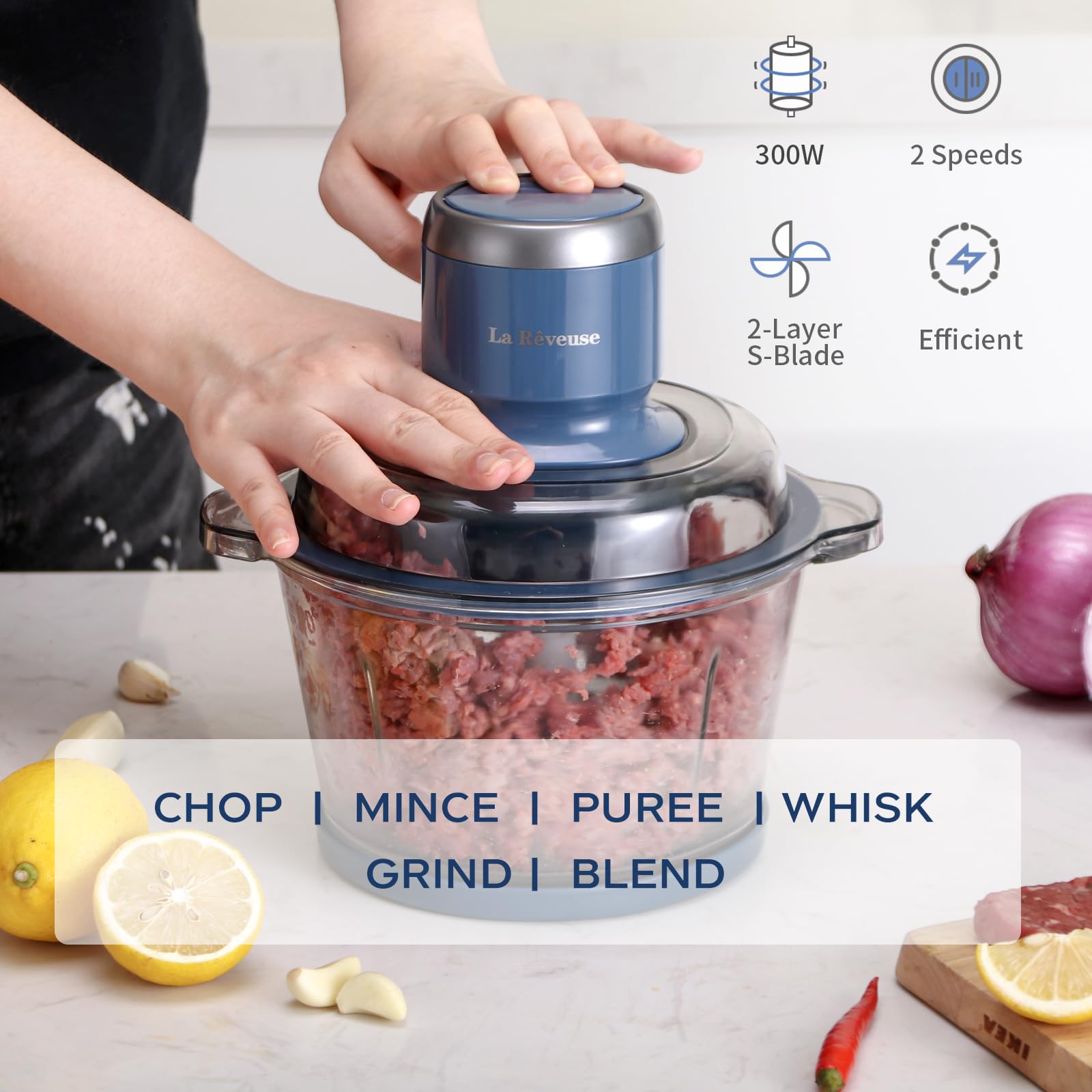 La Reveuse Food Processor showing 2-speed pulse controls for texture precision