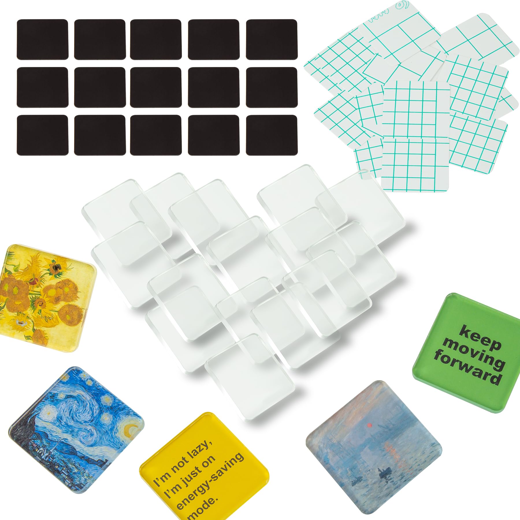 La Sheer diy fridge magnet kit with clear 2-inch acrylic squares for easy customization