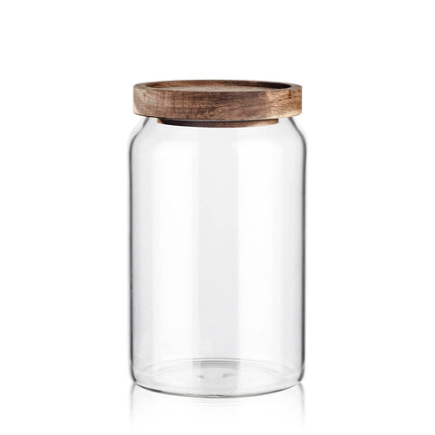 Labina glass storage container with airtight wood lid, front view showing pantry organization