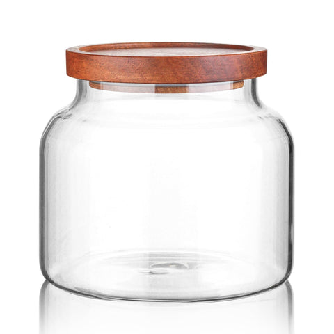 Labina tarro de vidrio con tapa de madera; almacenamiento seguro para harinas, azúcares y aperitivos.