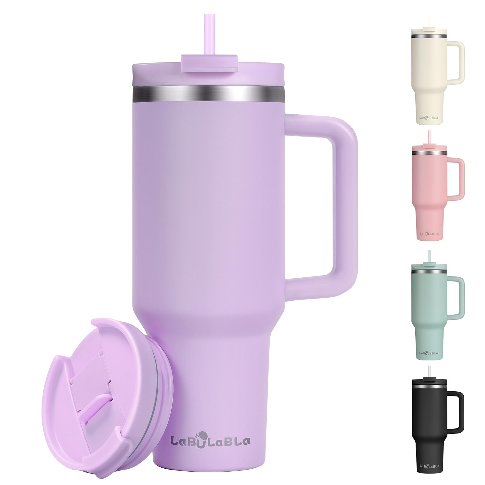 Labulabla 40oz lavender purple tumbler with handle for easy carrying.