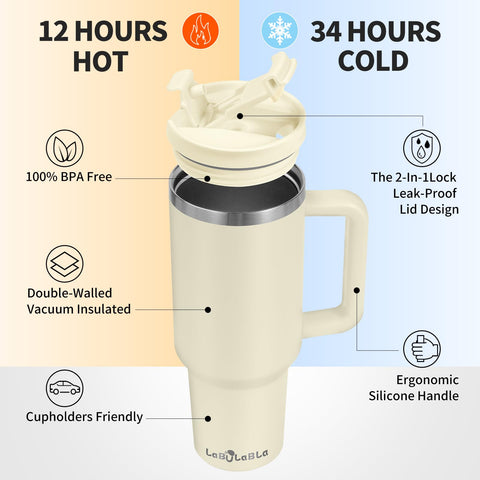 Labulabla 40oz tumbler insulated double-wall design for temperature retention.