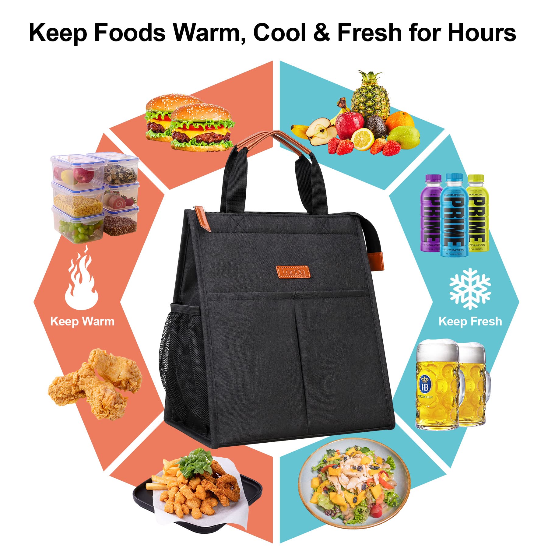 Lacdo lunch bag main-compartment wide-opening for easy packing
