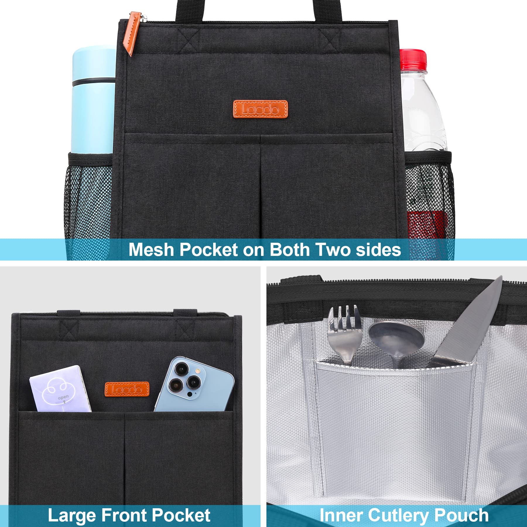 Lacdo lunch bag side-mesh-bottle-pocket provides bottle access