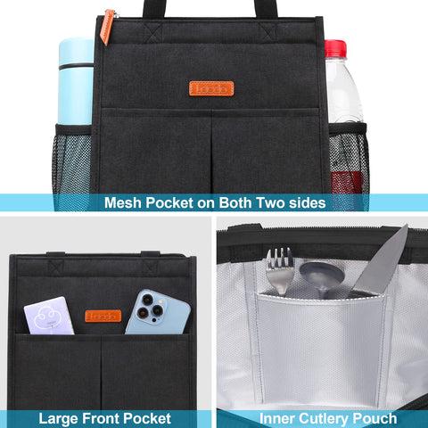 Lacdo lunch bag side-mesh-bottle-pocket provides bottle access