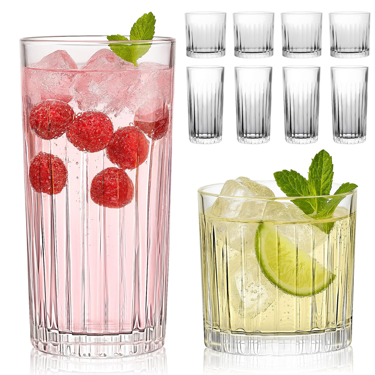 Laerjin ribbed highball glass with clear finish and comfortable grip.