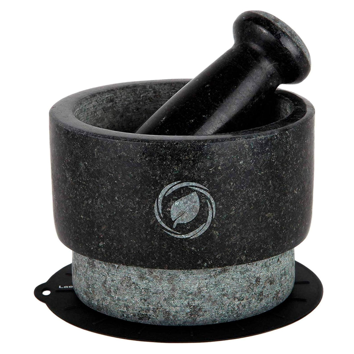 Laevo mortar and pestle large set in black granite—closeup grinding surface for durable grinding