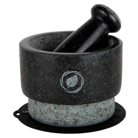 Laevo mortar and pestle large set in black granite—closeup grinding surface for durable grinding