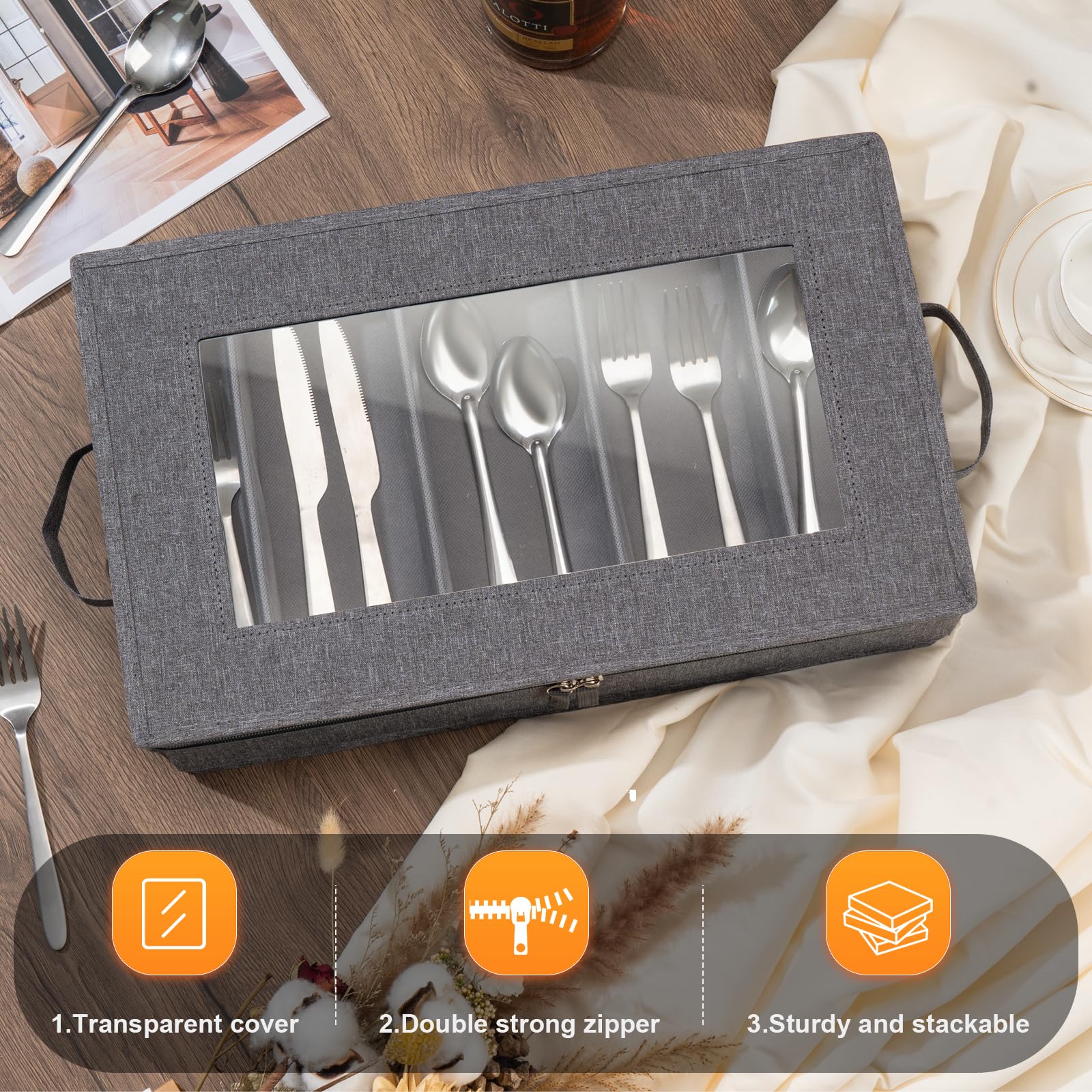 Lafulling storage box showing four adjustable dividers for utensil spacing